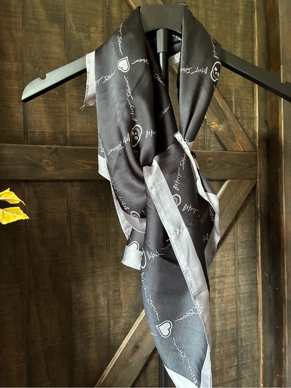 Betsey Johnson Black and Silver Heart Script Silk Scarf